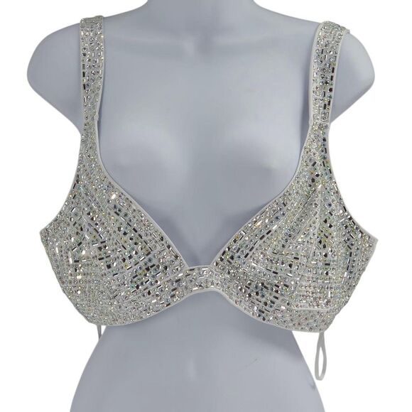 White Bralet Top with Clear Glass & AB Iridescent Rhinestones - Picture 2 of 4